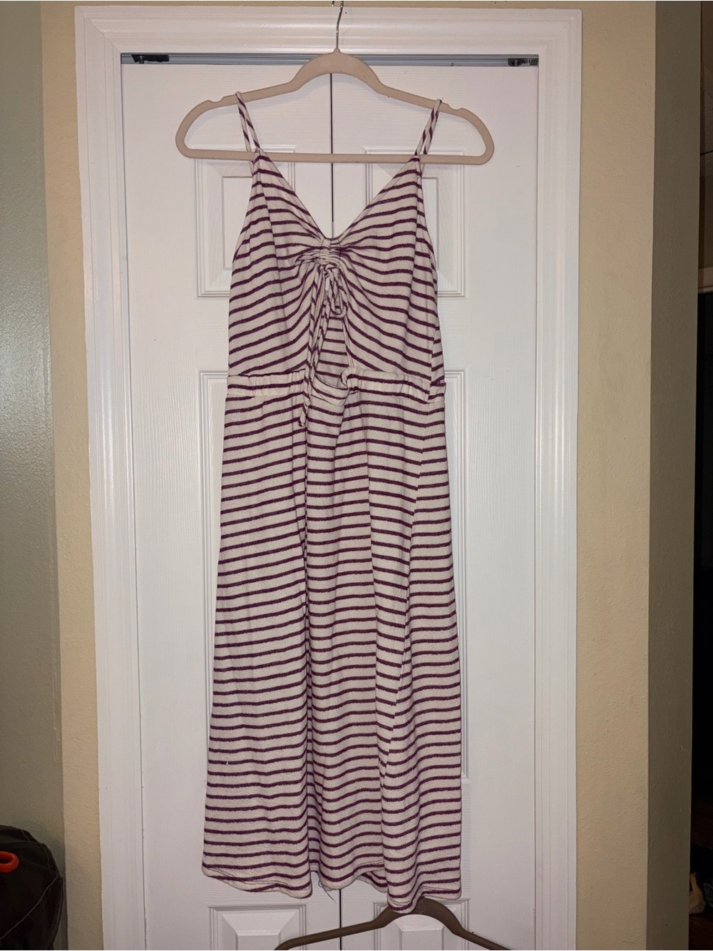 Le Lis Cream Burgundy Striped Ruched Drawstring Maxi Dress